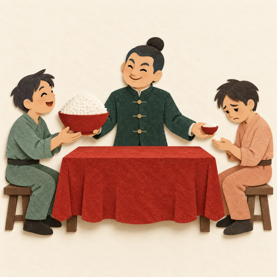 A boss gives one worker a big bowl and another a tiny one