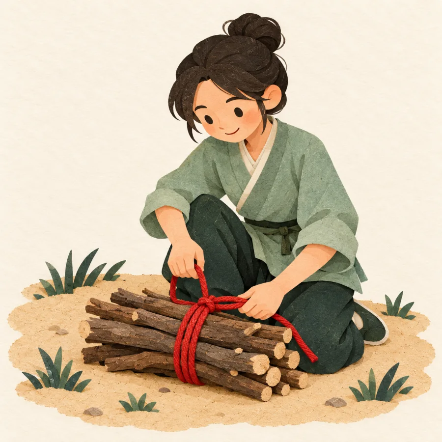 A person ties a bundle of firewood with rope