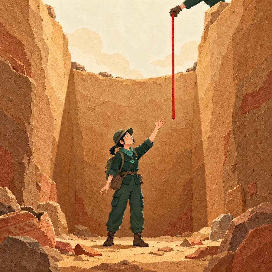 A person in a deep pit looks up at a lowered rope