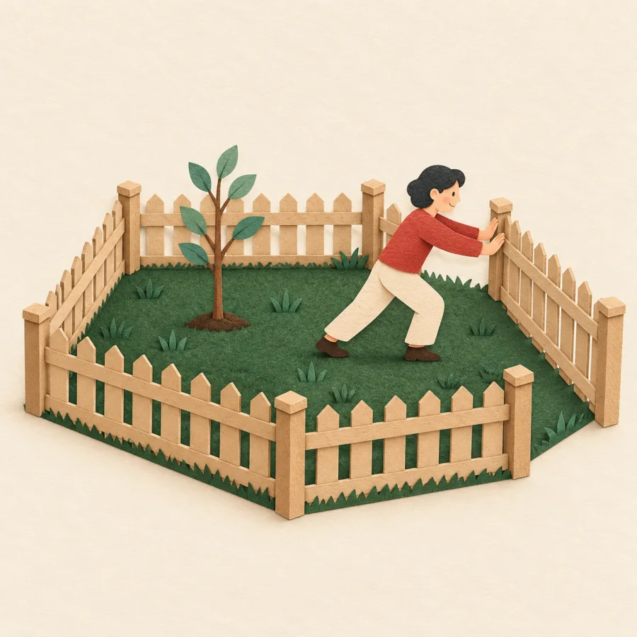 A person pushes a fence outward to enlarge a yard
