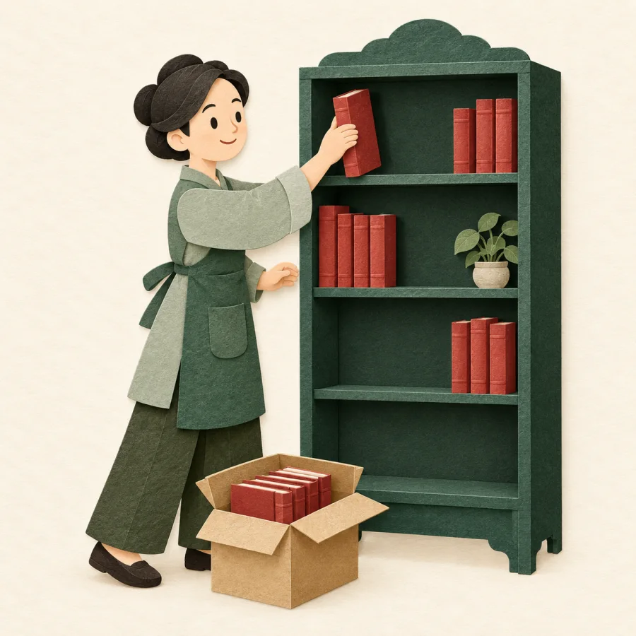 A librarian adds new books to a half-empty shelf