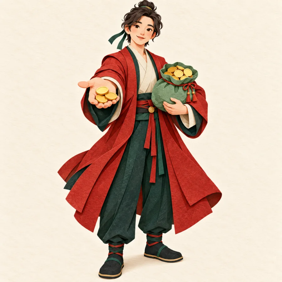 A well-dressed person hands out coins from a full pouch