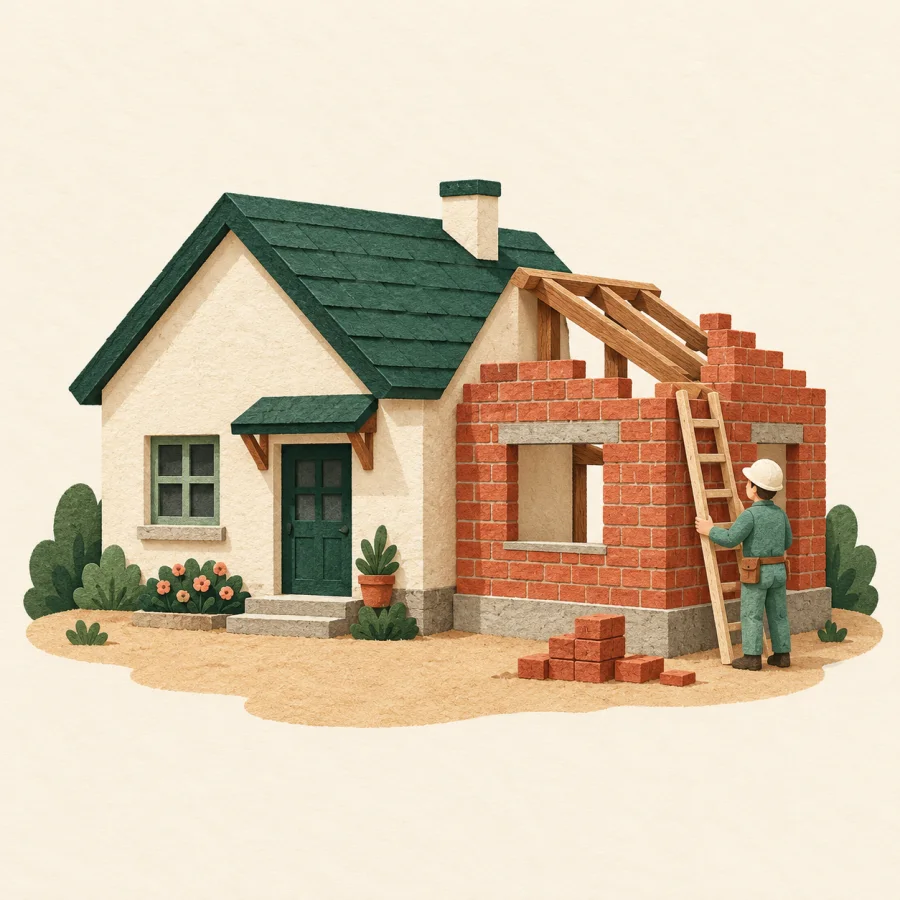 A small house with a new extension and a builder