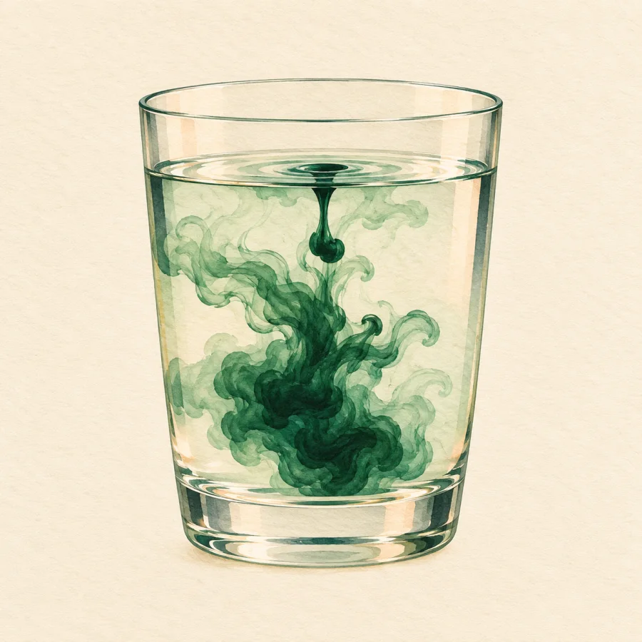 A drop of ink spreads in a glass of water