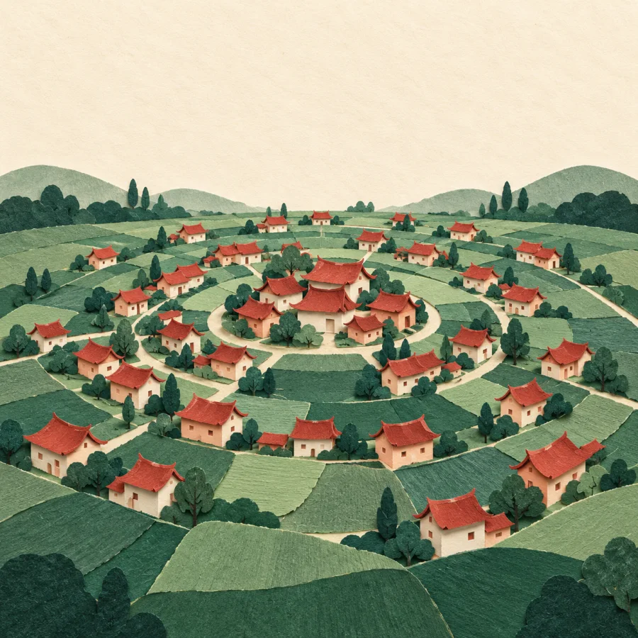 Red rooftops spread outward over green fields