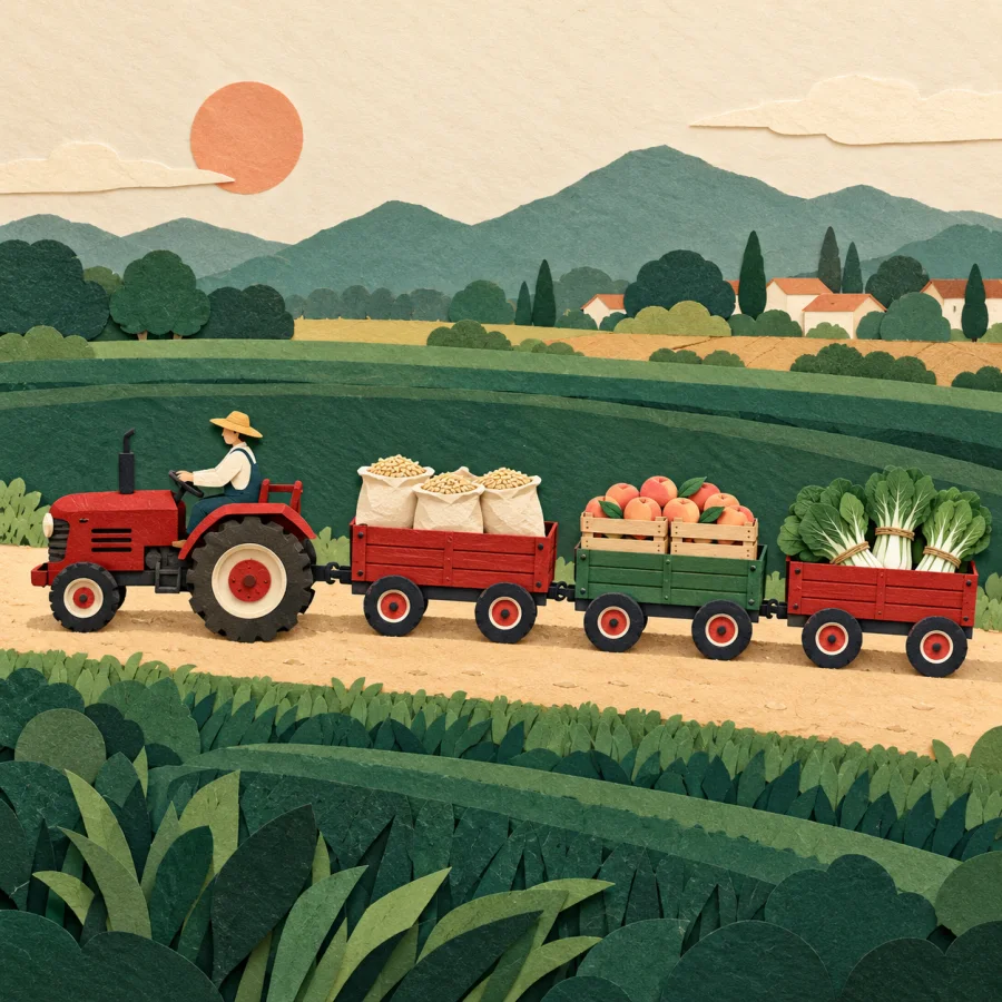 A tractor pulls a line of three loaded carts