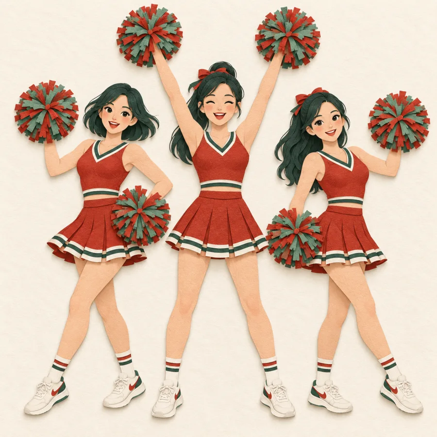 Three cheerleaders with pom-poms, one raising her arms