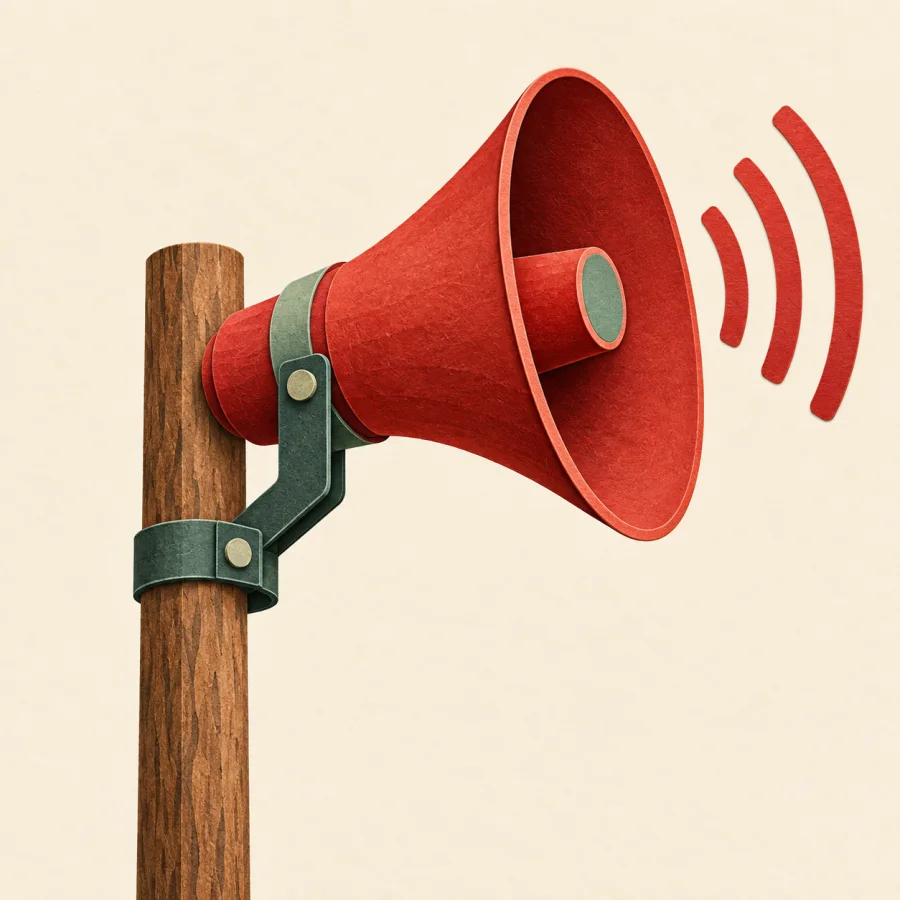 A red horn loudspeaker on a pole with sound waves