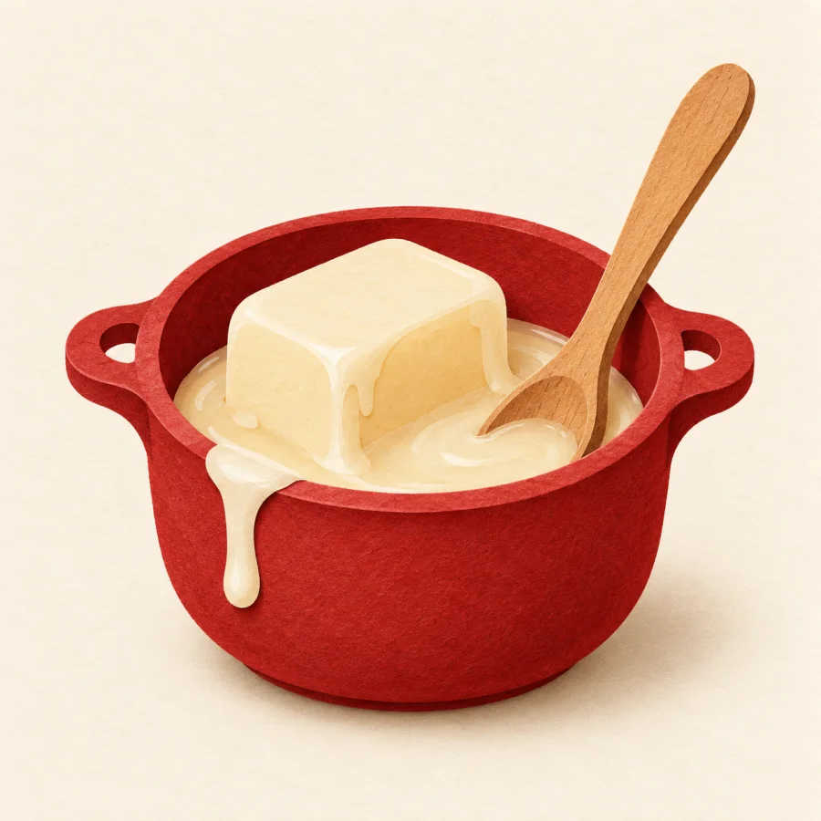 A block of wax melts in a small pot