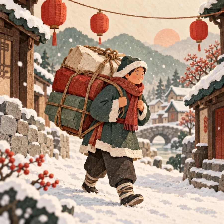 A snowy street with red lanterns and a passer-by