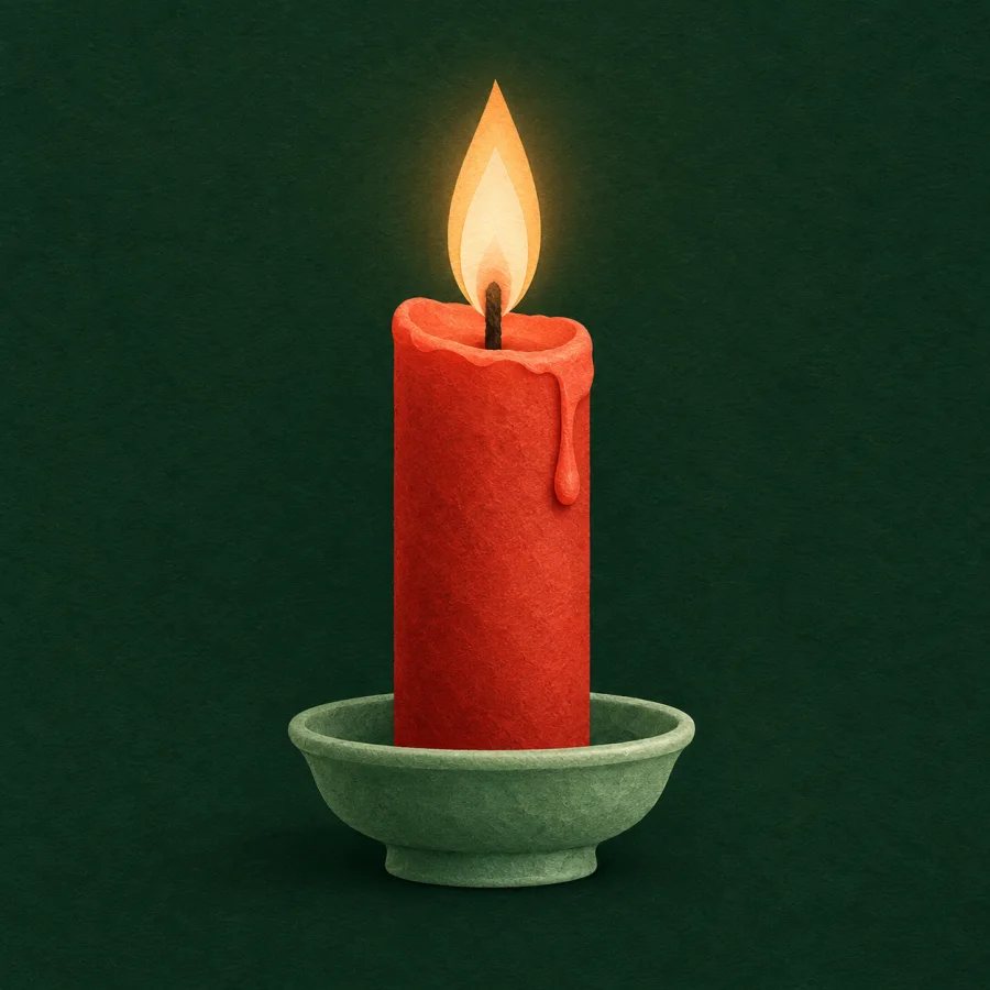 A single lit candle in a small holder