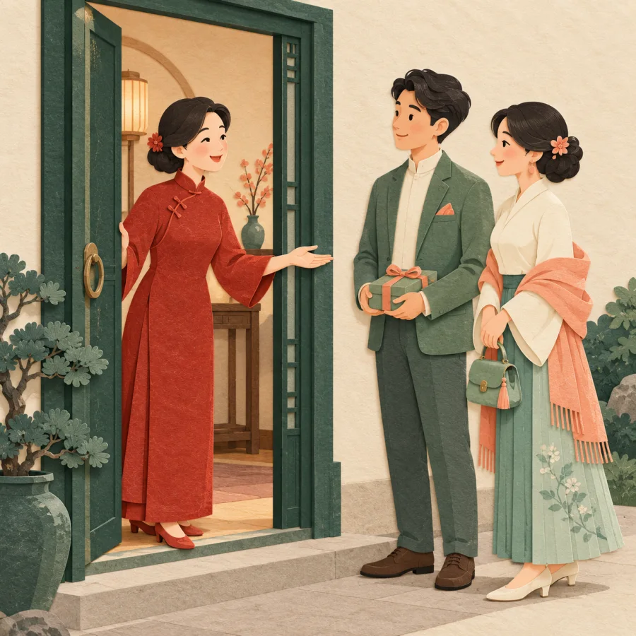 A host in red welcomes two guests at the door