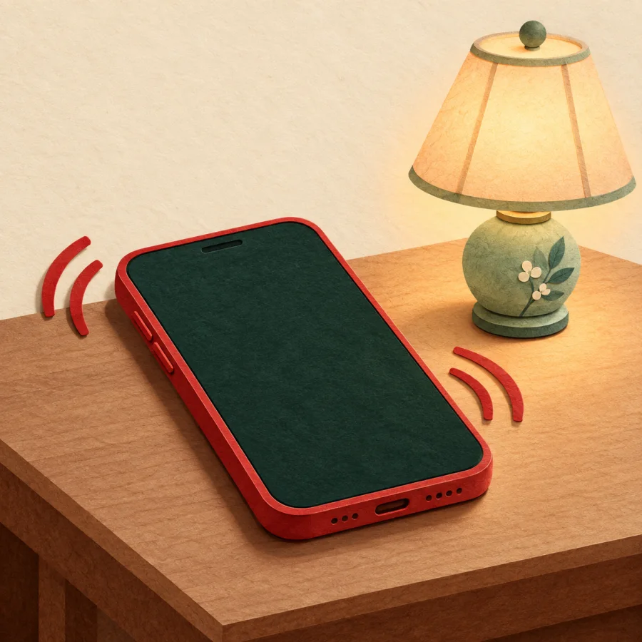 A ringing phone on a table beside a lit lamp