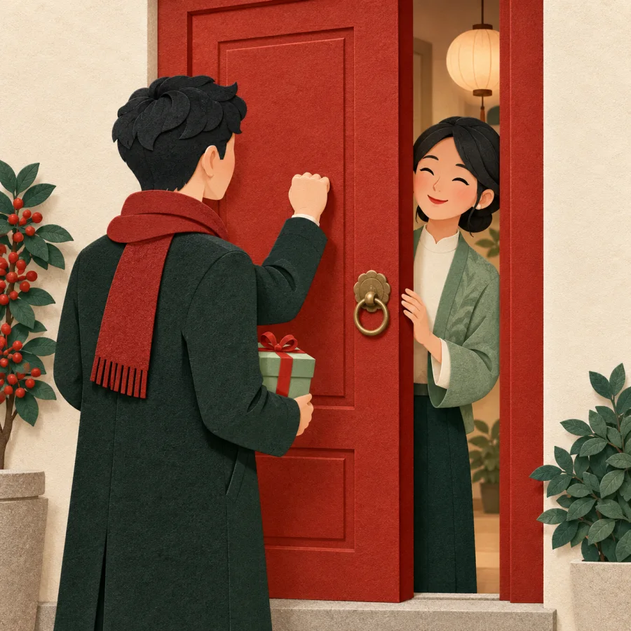 A visitor with a gift knocks on a red door