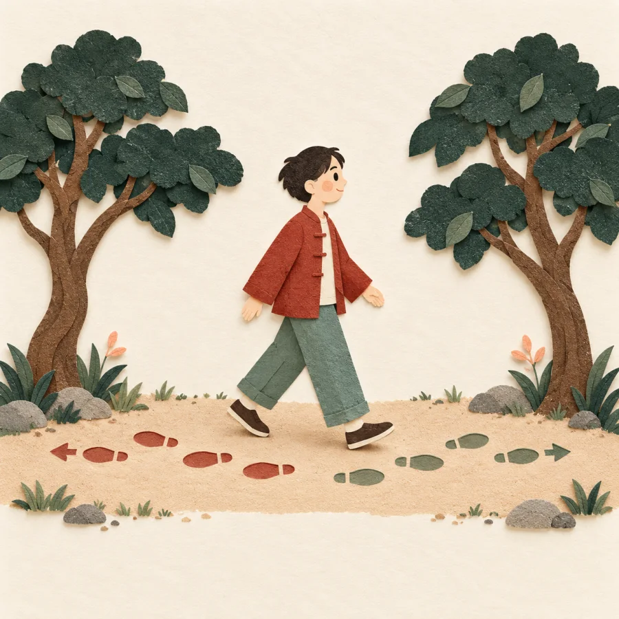 A person walks between two trees, footprints both ways