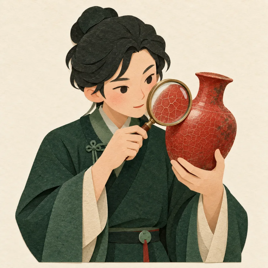 A person examines an old vase with a magnifying glass