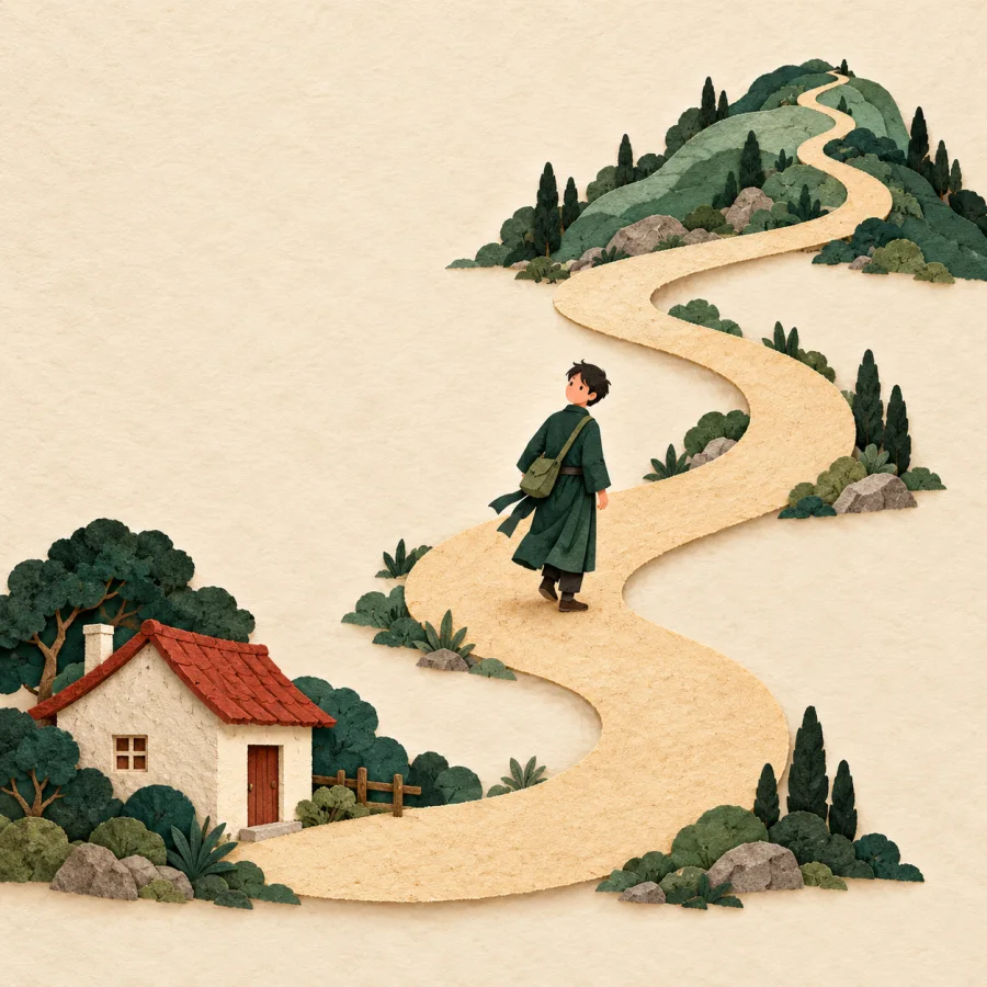 A winding path from a house to a hill, a person looks back