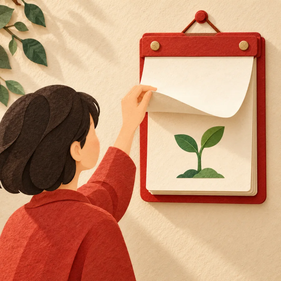 A person turns a calendar page showing a green sprout