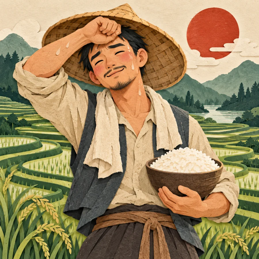 A tired farmer with a rice bowl by terraced fields