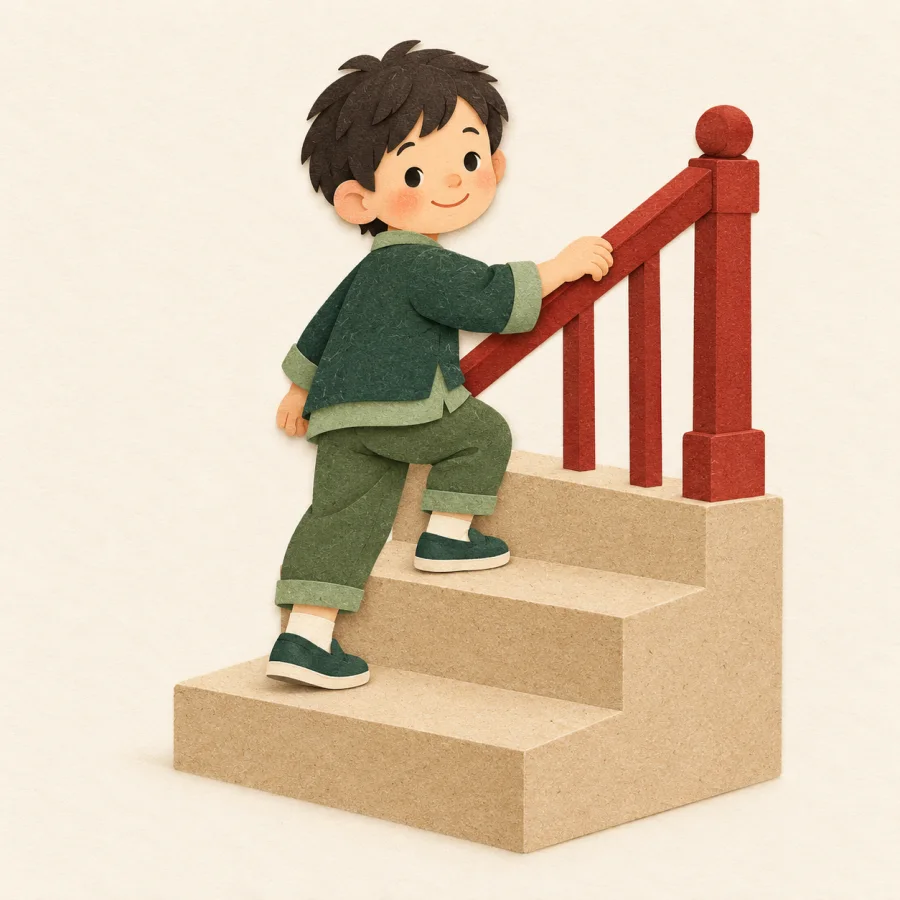A child holds a railing while climbing stairs