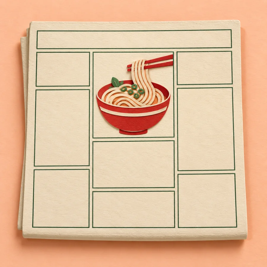 A page of boxes, one showing a noodle bowl
