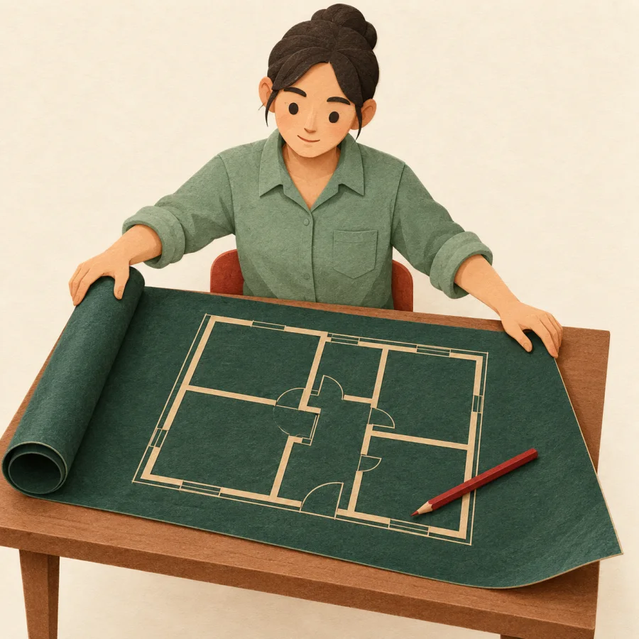 An architect unrolls a big plan on a table