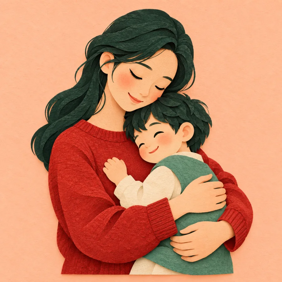 A parent wraps both arms around a small child