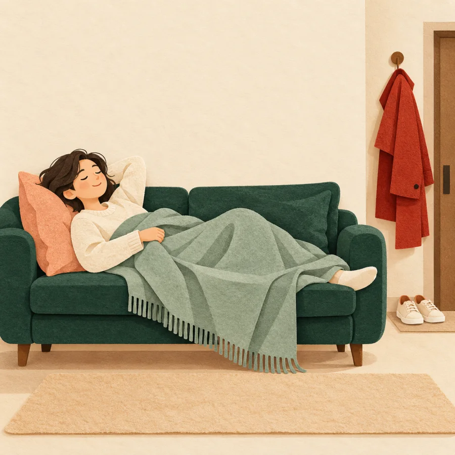 A person sprawls on a sofa while shoes and a coat wait by the door