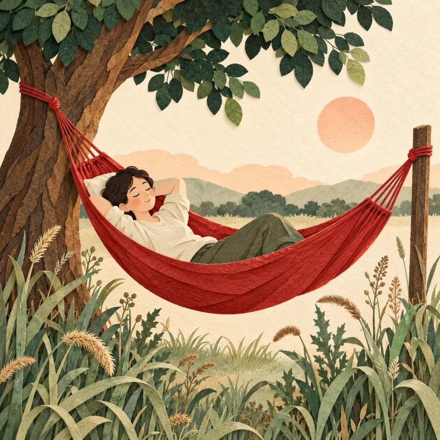 A person sleeps in a hammock beside a weedy field