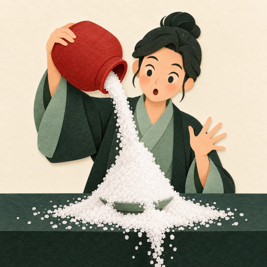 A person pours far too much salt from a big jar