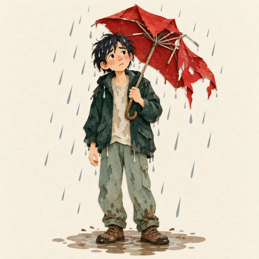 A drenched person with a broken umbrella and muddy shoes
