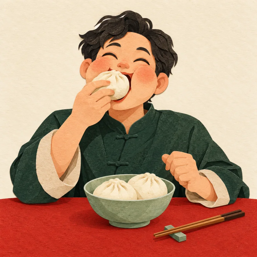 A hungry person stuffs their mouth with buns