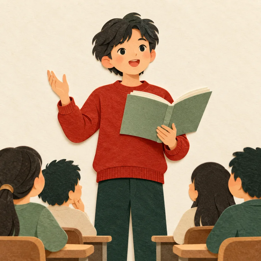 A student reads aloud from a book at the front of the class