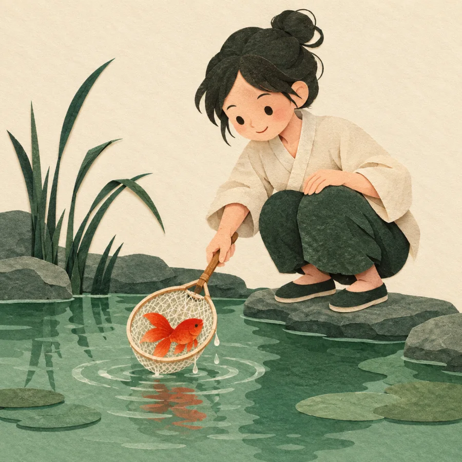 A person scoops a goldfish out of a pond with a net