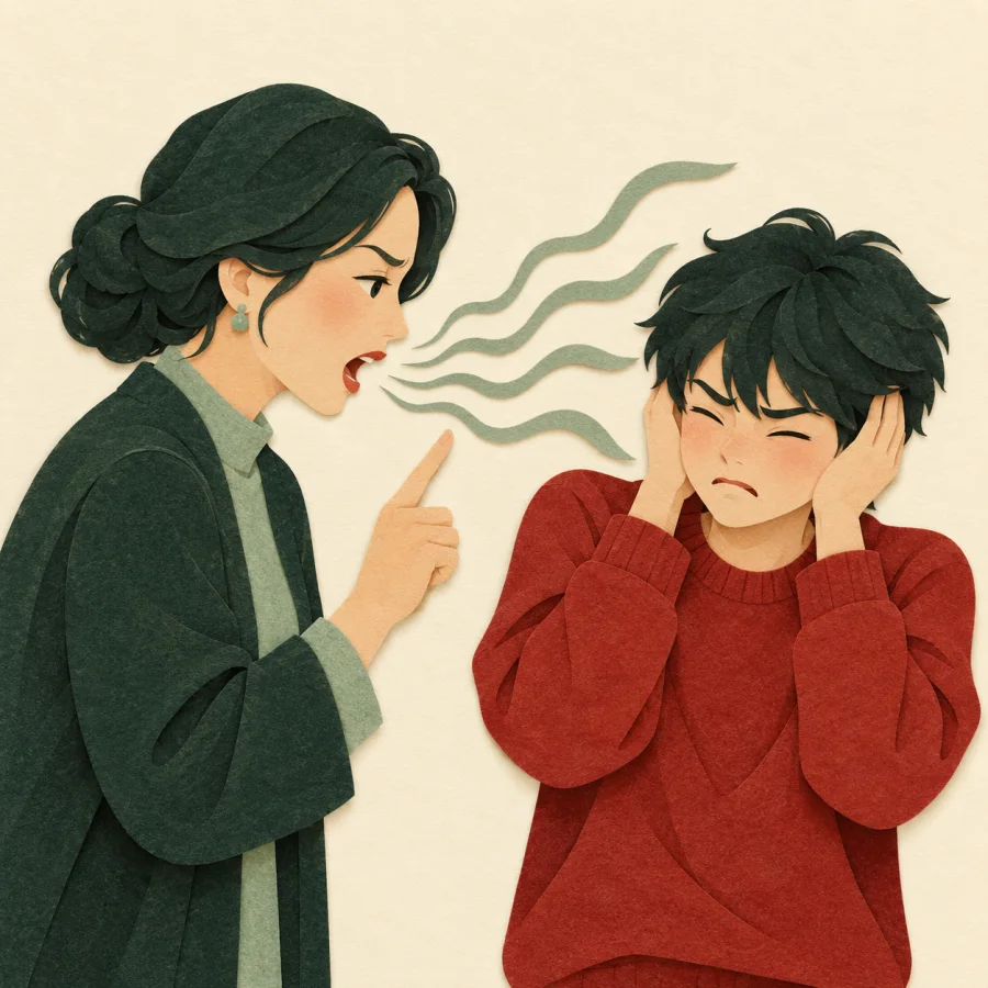 A parent wags a finger while a teenager covers their ears