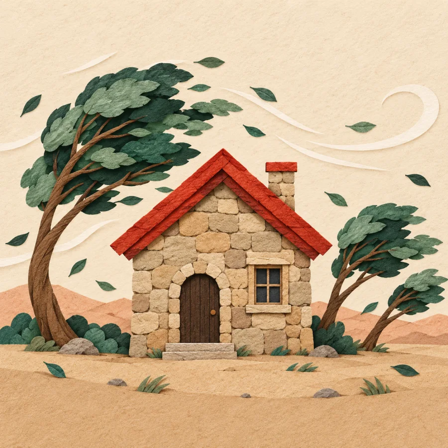 A stone house stands firm in strong wind