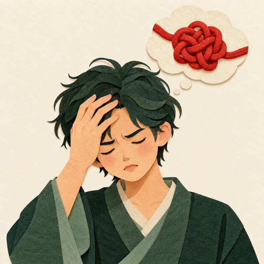 A person with closed eyes and a red knot in a thought cloud