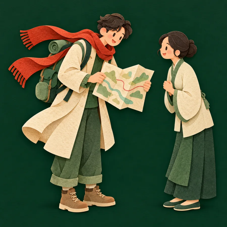 A traveler with a map bows slightly to a passer-by