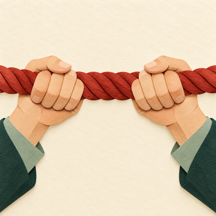 Two hands grip a thick red rope tightly