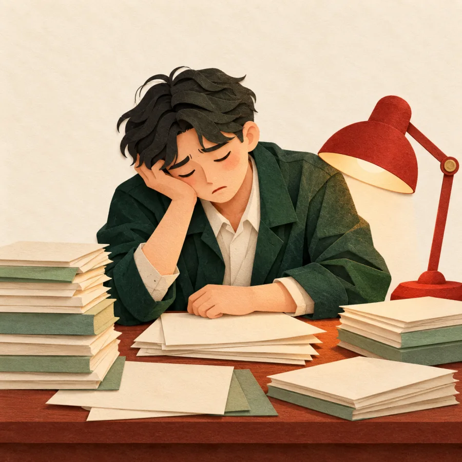 A tired worker slumps over a desk of papers
