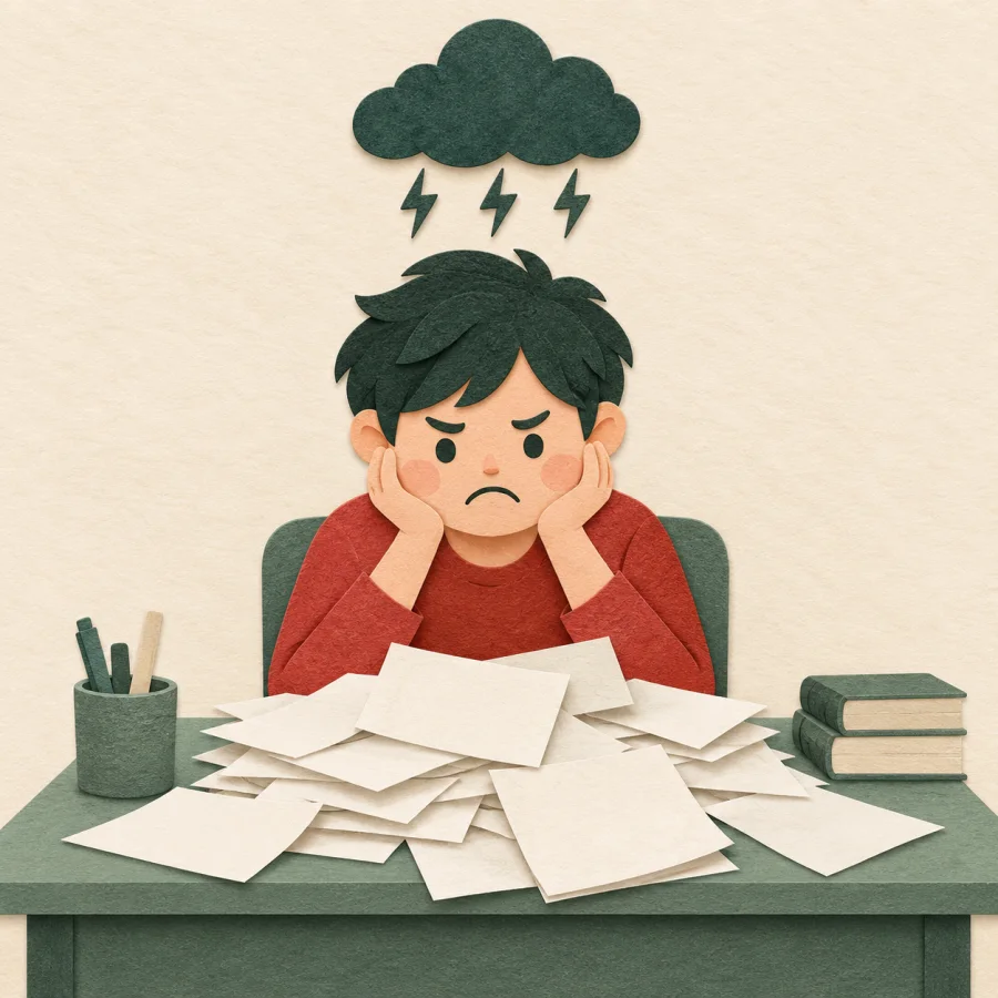 A person frowns over a pile of papers under a small dark cloud