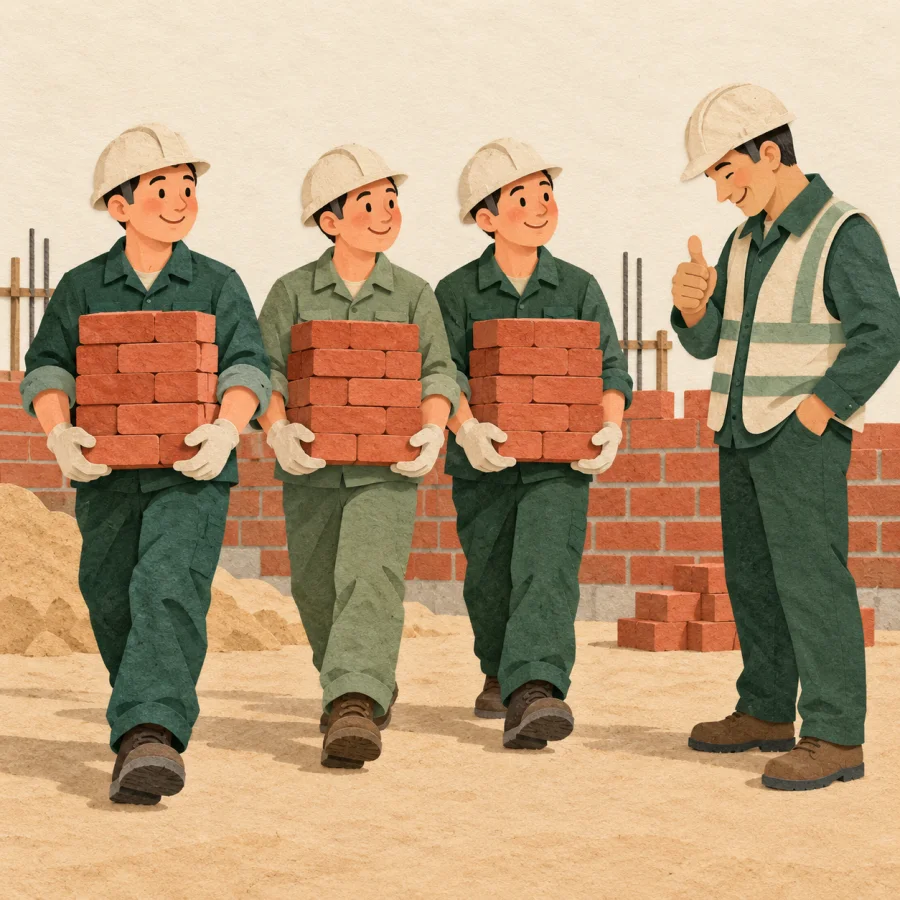 Workers in helmets carry bricks at a building site