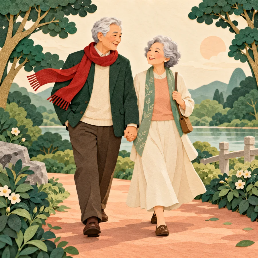 An elderly couple walks hand in hand in a park