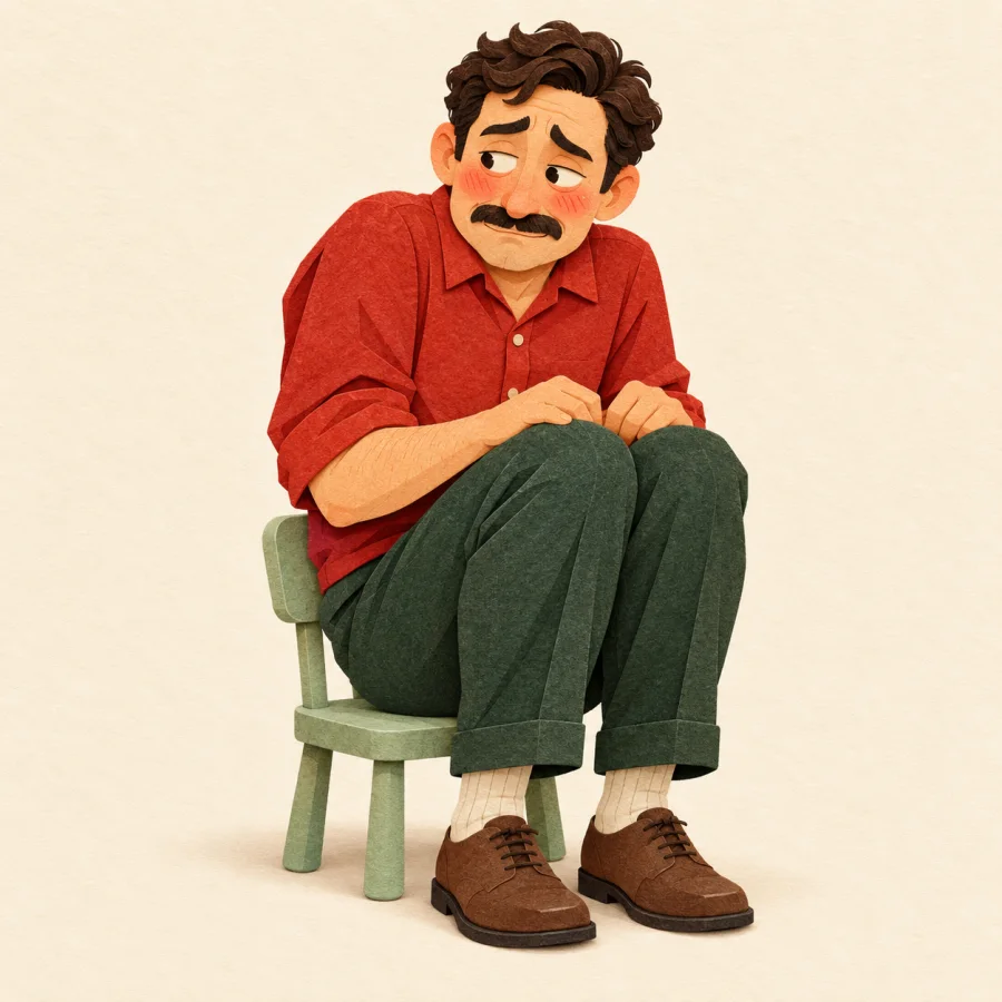 A grown man sits on a tiny child's chair