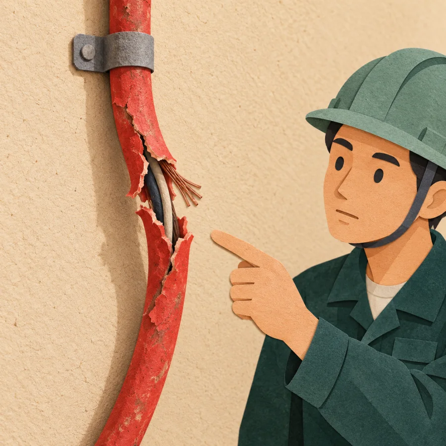 A cracked old cable on a wall, a worker pointing at it