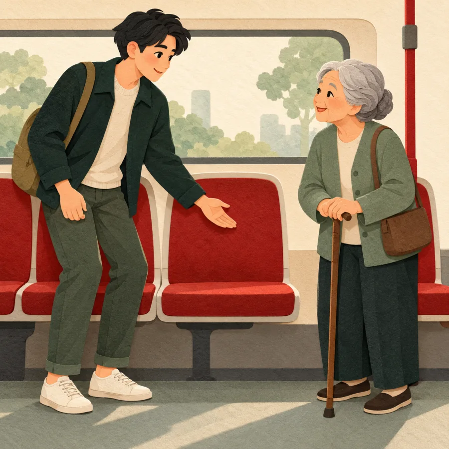 A young person gives up a bus seat to an elderly person