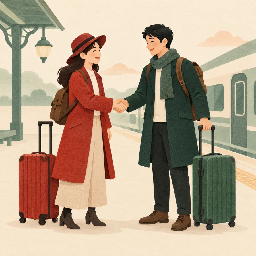 Two travelers with suitcases greet each other at a station
