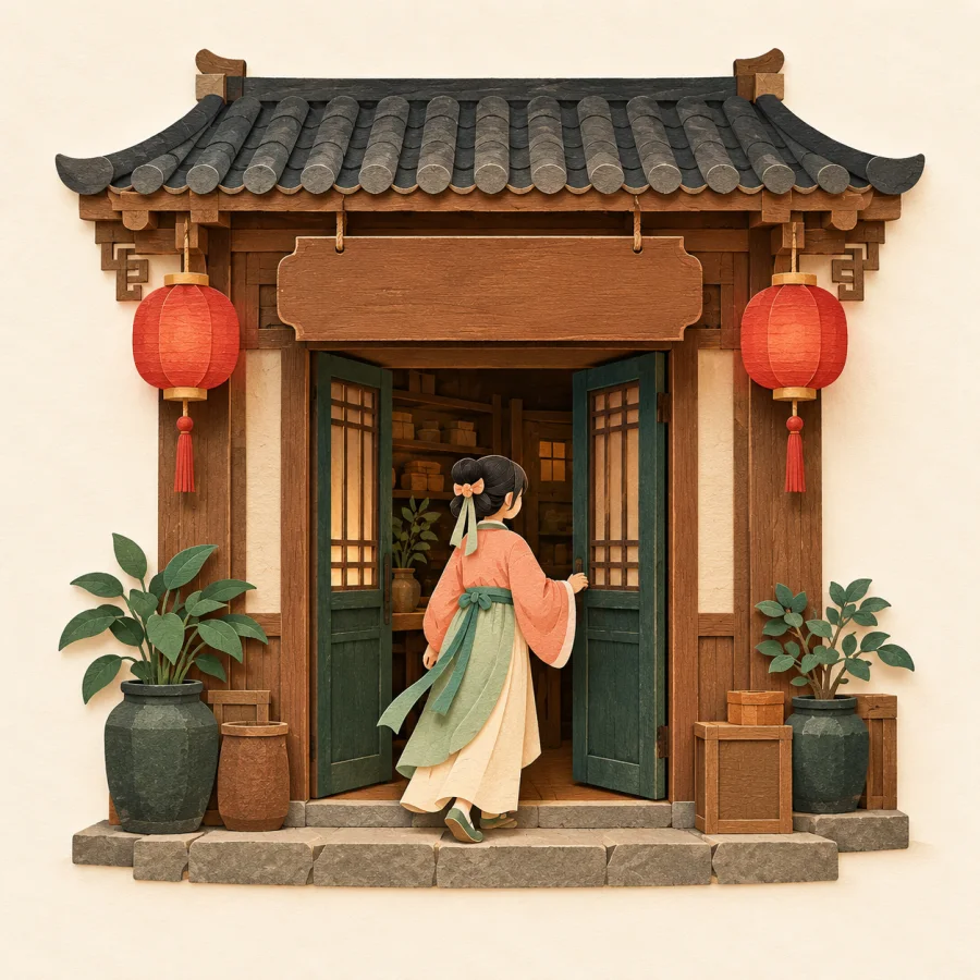 An old shop with red lanterns, a customer stepping in