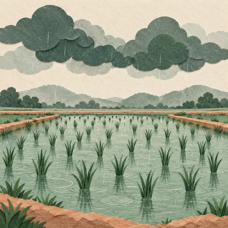 A flooded field with seedlings poking out under rain clouds