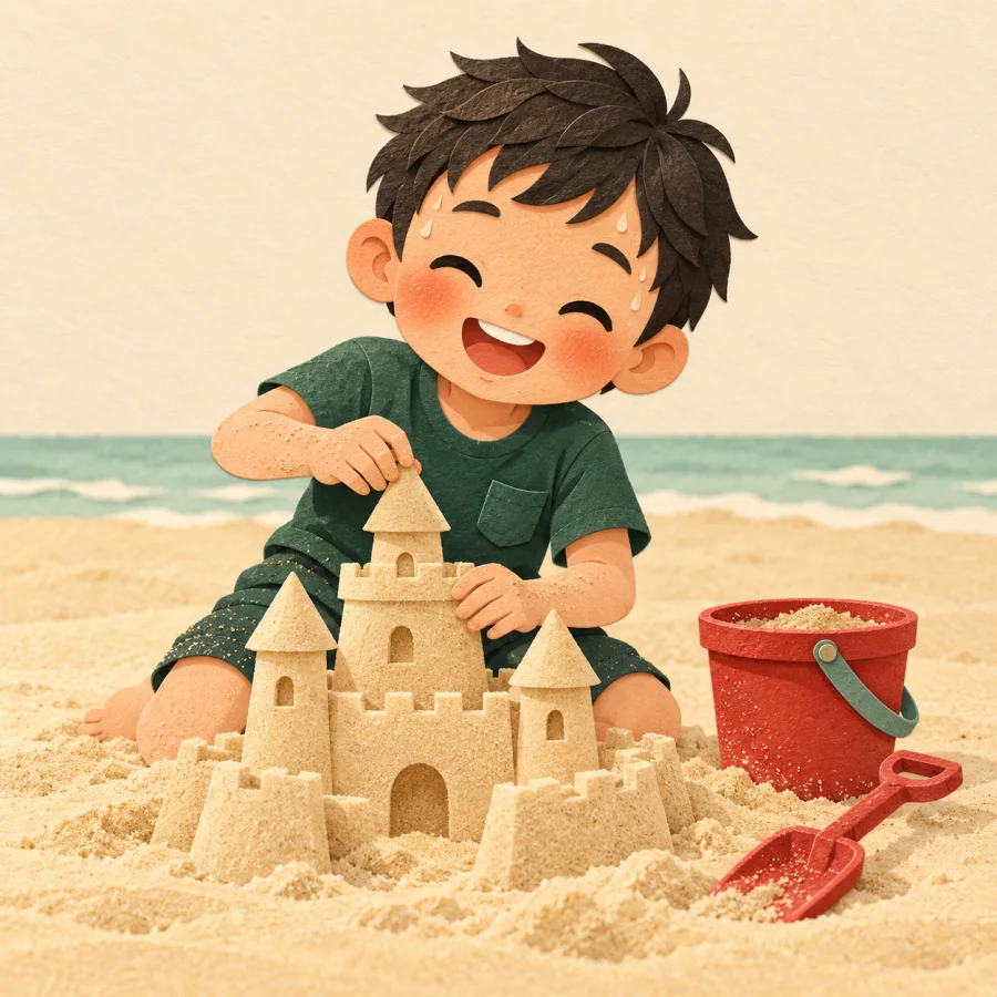 A smiling child builds a sand castle
